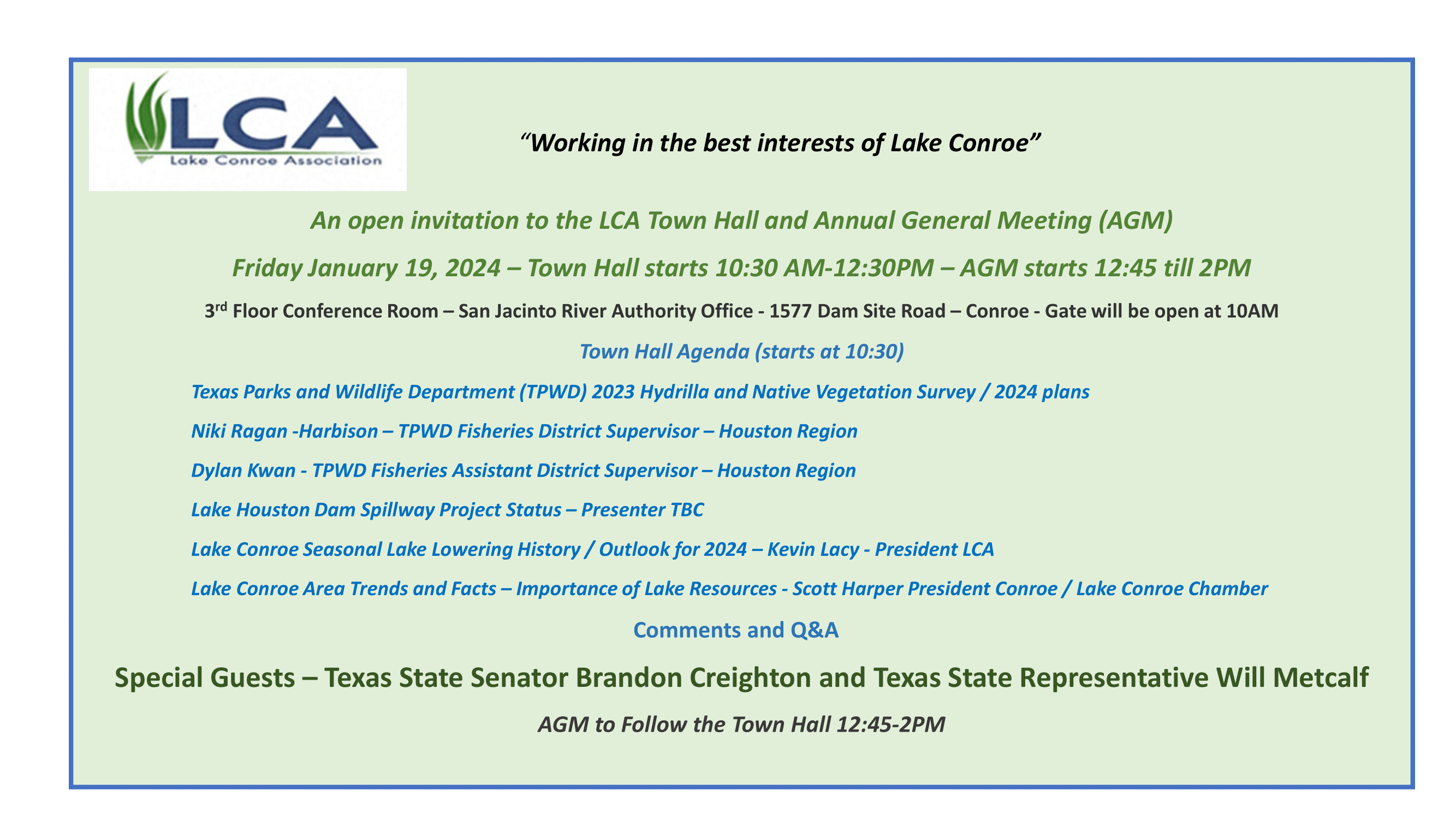 Reminder Of The 2024 LCA Annual General Meeting AGM Lake Conroe   LCA AGM Town Hall Agenda Jan 19 2024 1 1 